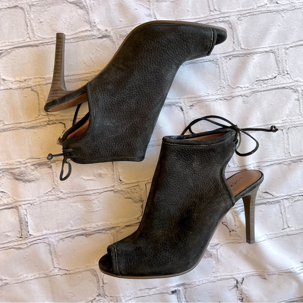 Lucky Brand Saiff Heels Suede Blue 7.5 Retail $120 Sandals Shoes